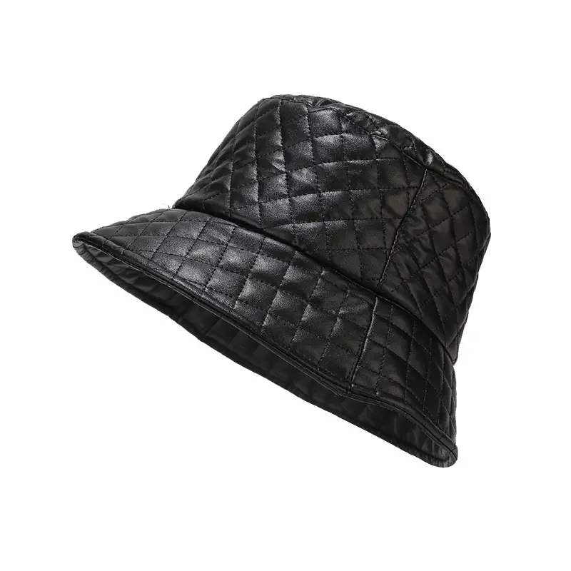 Korean PU soft leather check fisherman hat female autumn-winter vintage warm sunshade hat show face small basin hat tide