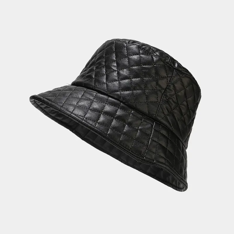 Korean PU soft leather check fisherman hat female autumn-winter vintage warm sunshade hat show face small basin hat tide