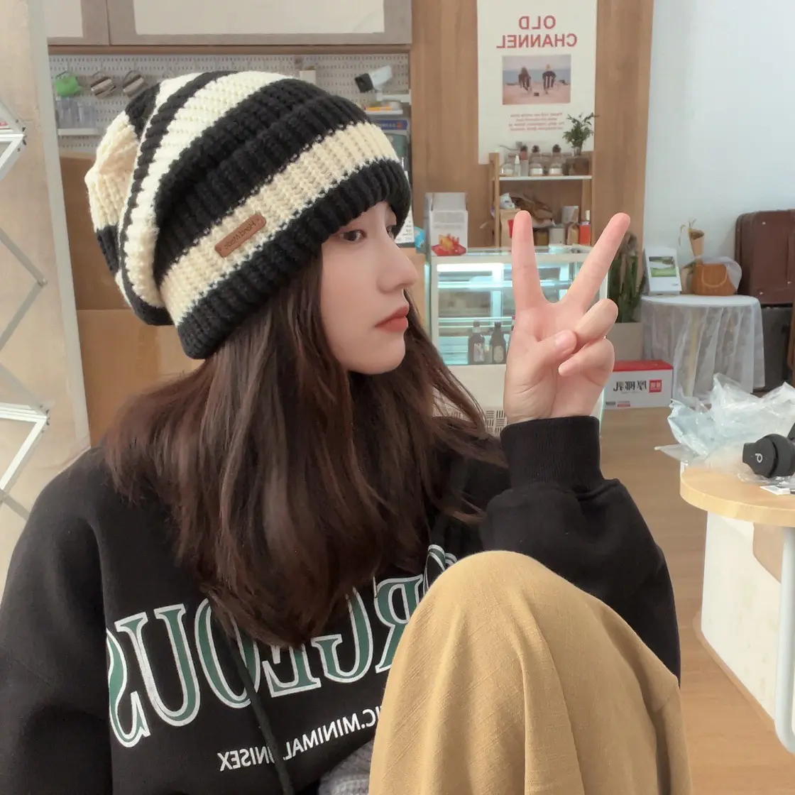 Winter thick thread needle striped knitted hat head girdle face small casual day system all match woolen pile cap