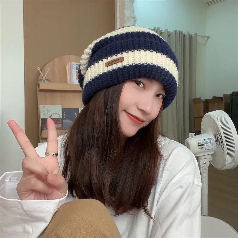 Winter thick thread needle striped knitted hat head girdle face small casual day system all match woolen pile cap