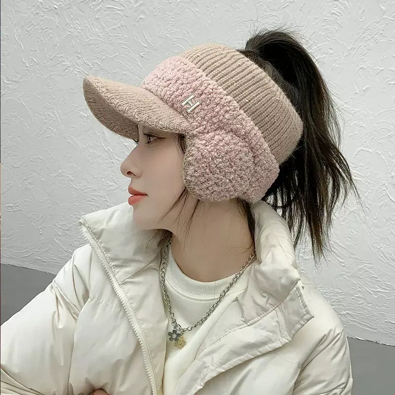 Hat women's winter cycling knitted ear protection cap fashion everything plus cashmere warm empty top earmuffs woolen hat