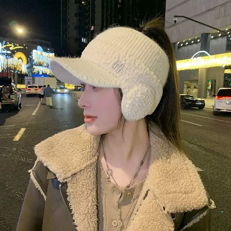 Hat women's winter cycling knitted ear protection cap fashion everything plus cashmere warm empty top earmuffs woolen hat