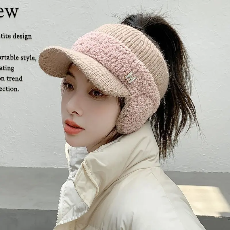 Hat women's winter cycling knitted ear protection cap fashion everything plus cashmere warm empty top earmuffs woolen hat
