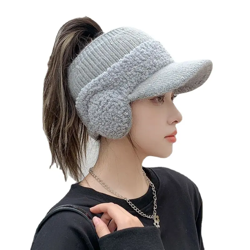 Hat women's winter cycling knitted ear protection cap fashion everything plus cashmere warm empty top earmuffs woolen hat