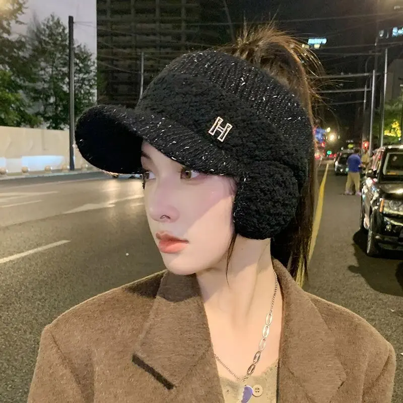 Hat women's winter cycling knitted ear protection cap fashion everything plus cashmere warm empty top earmuffs woolen hat