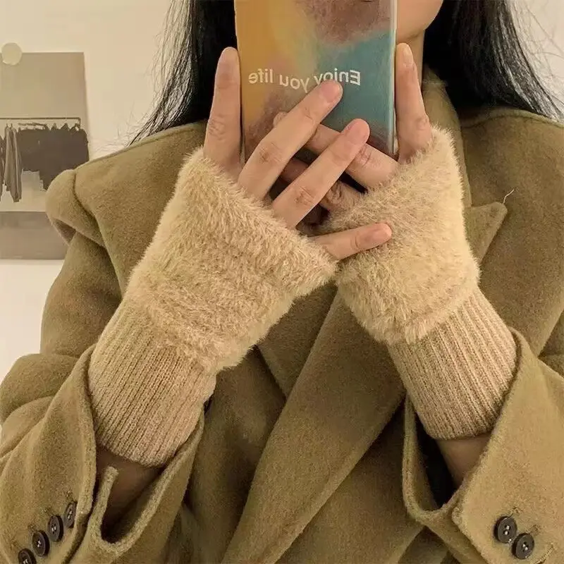 Half finger gloves female winter plush warm student writing fingerless typing knitted half finger long glove wrist guard