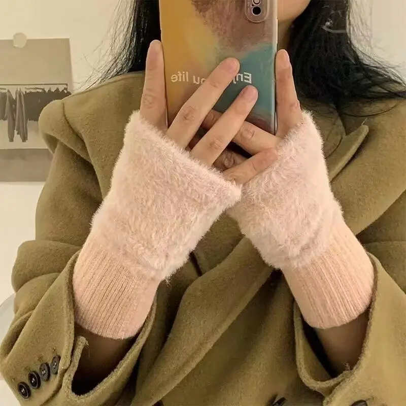 Half finger gloves female winter plush warm student writing fingerless typing knitted half finger long glove wrist guard
