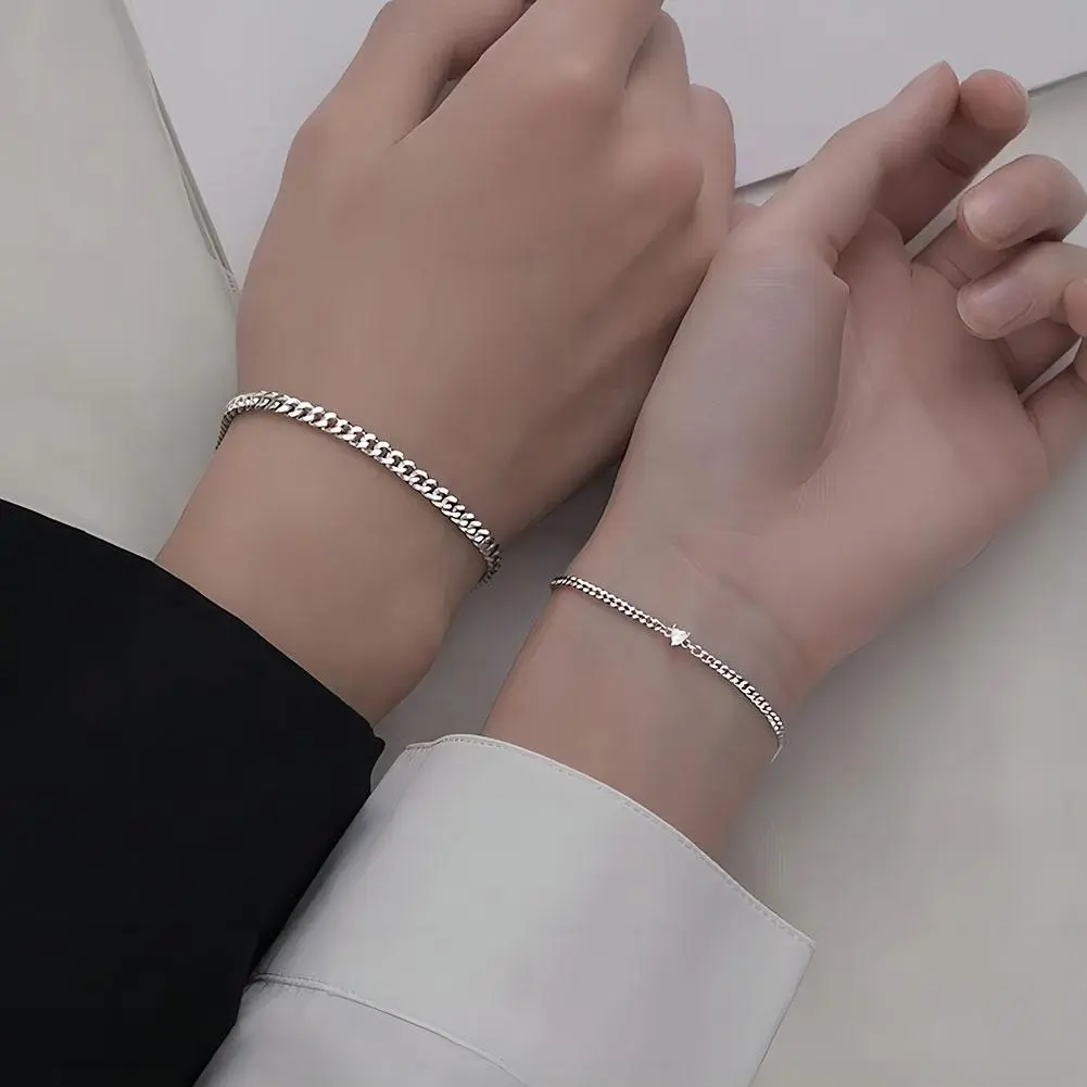 2PCS Simple Fashion Steel Bracelet Set for Couple Unisex Women Men Lover Crystal Heart Silvery Chain Bracelets Jewelry