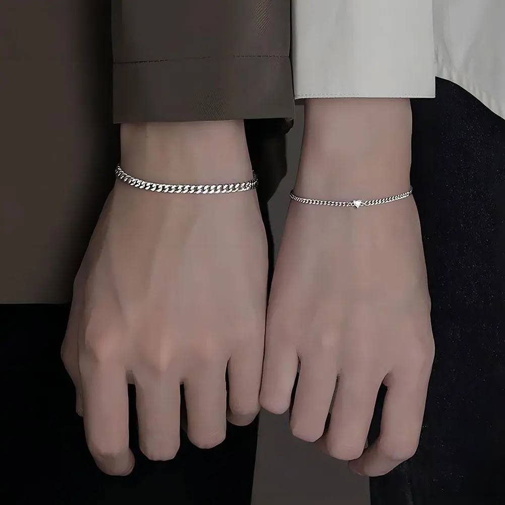 2PCS Simple Fashion Steel Bracelet Set for Couple Unisex Women Men Lover Crystal Heart Silvery Chain Bracelets Jewelry