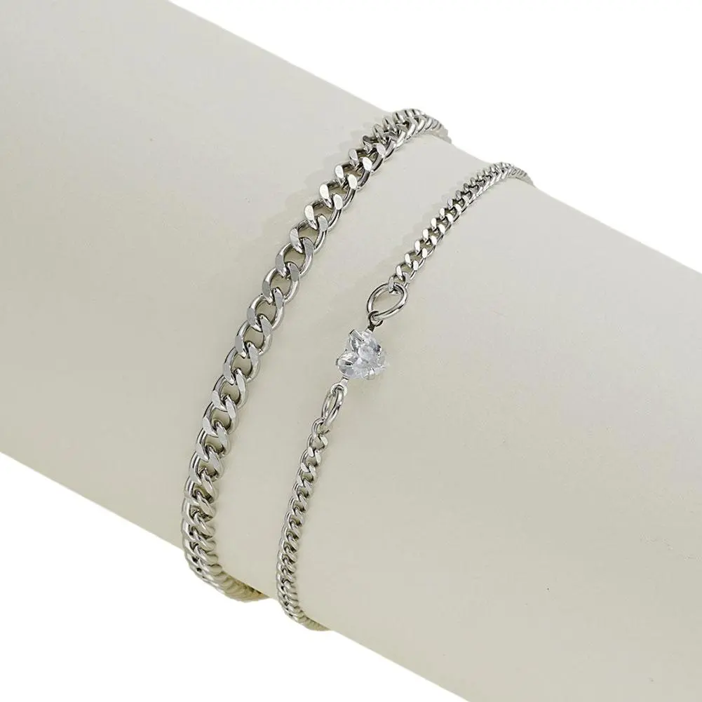 2PCS Simple Fashion Steel Bracelet Set for Couple Unisex Women Men Lover Crystal Heart Silvery Chain Bracelets Jewelry