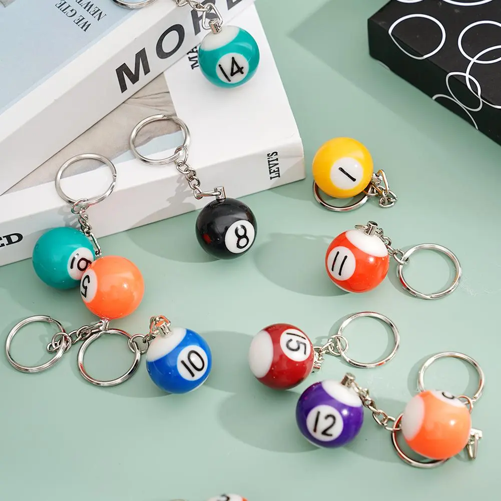 16pcs/Set Mini Billiards Shaped Keyring Assorted Colorful Billiards Pool Small Ball Keychain Creative Hanging Decorations