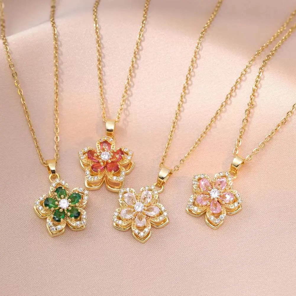 Rotating Bauhinia Zirconia Flowers Niche Light Luxury New Design Pendant Temperament Titanium Steel Necklace