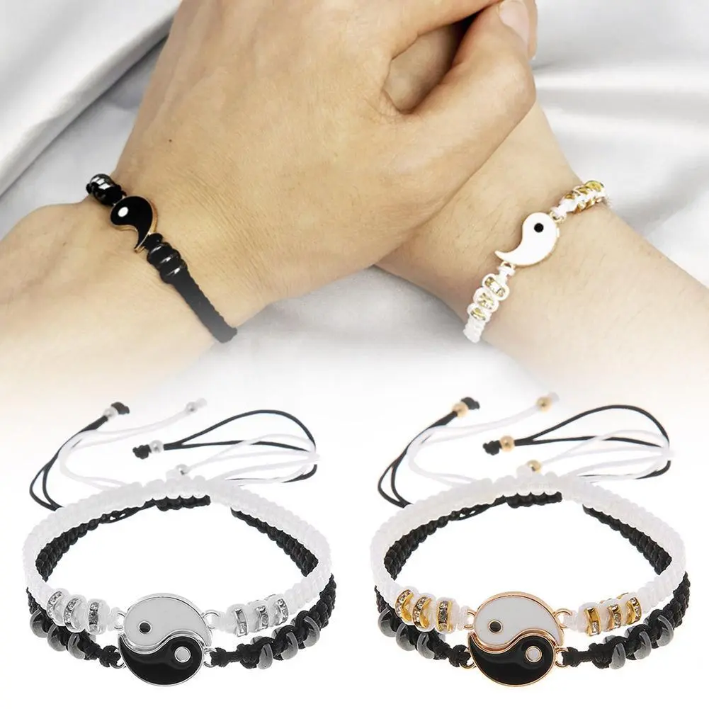 1 set of 2 simple Tai Chi bagua black and white Yin and Yang rope braided telescopic adjustment bracelet for men and women coupl