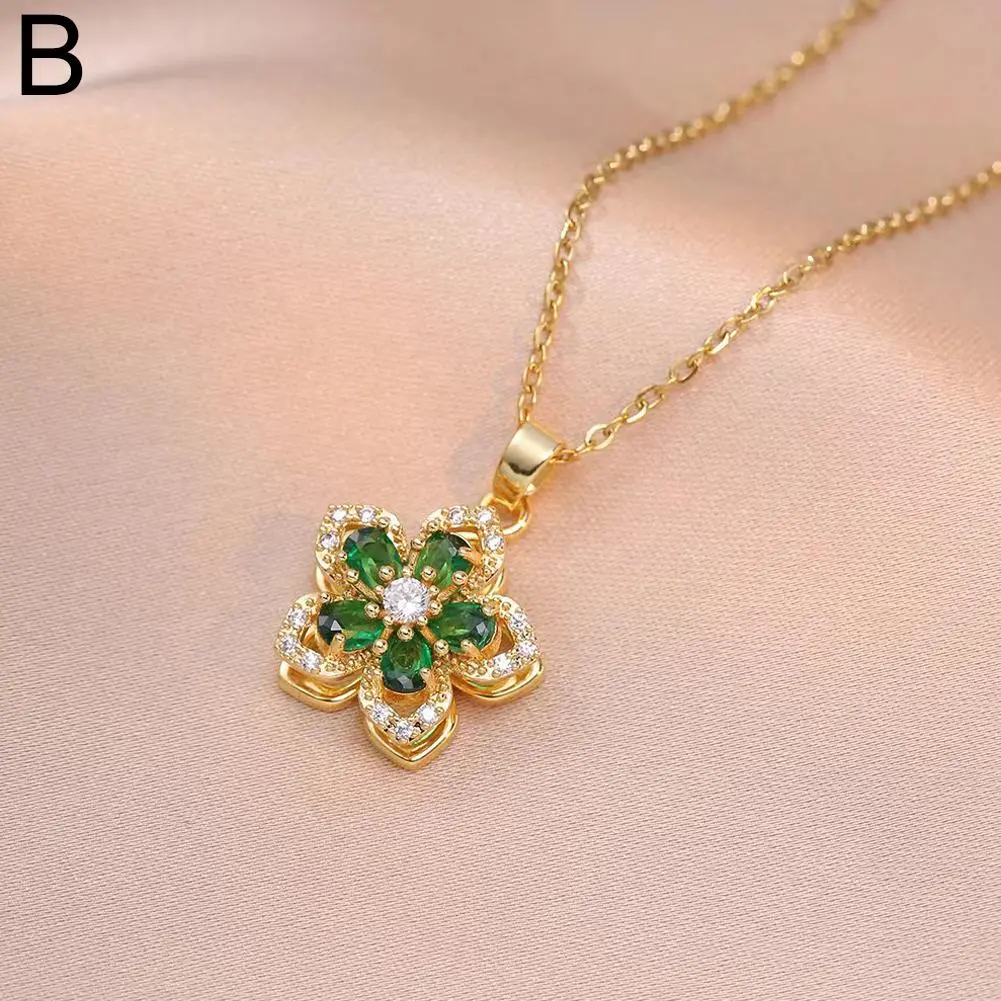 Rotating Bauhinia Zirconia Flowers Niche Light Luxury New Design Pendant Temperament Titanium Steel Necklace
