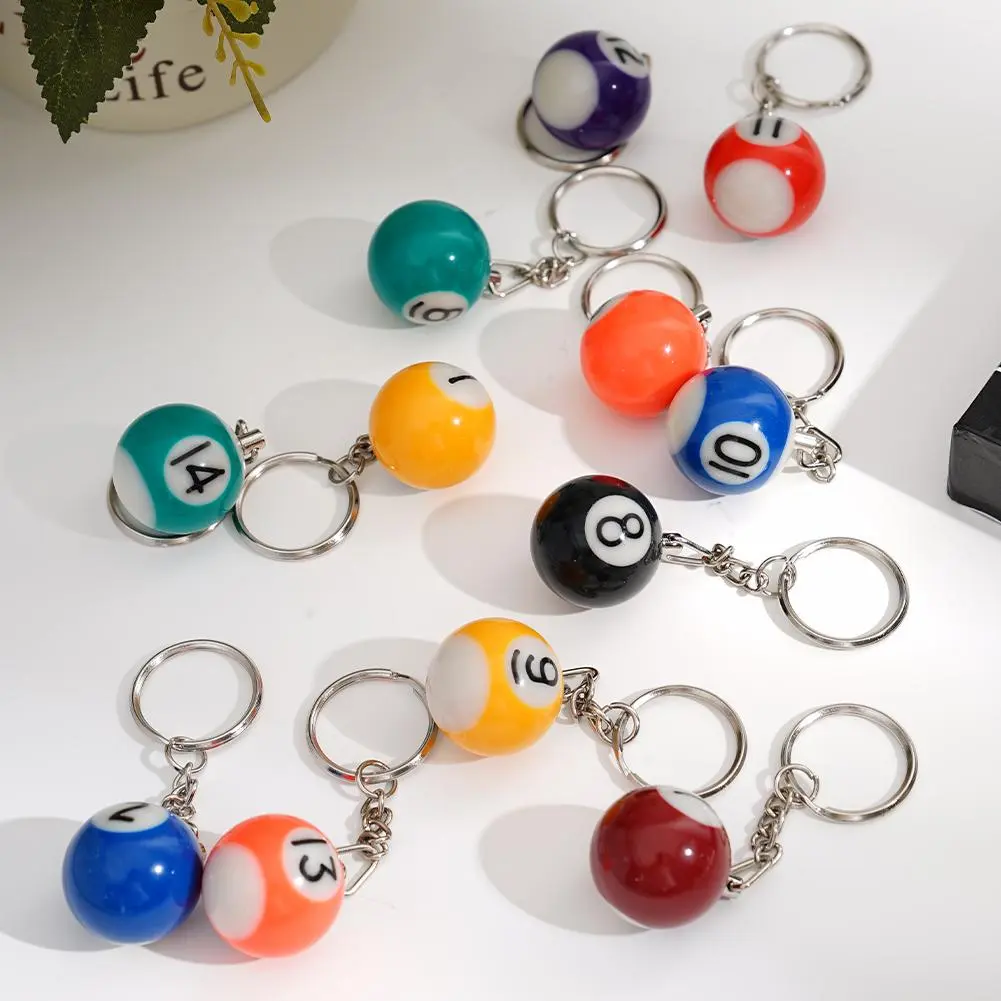 16pcs/Set Mini Billiards Shaped Keyring Assorted Colorful Billiards Pool Small Ball Keychain Creative Hanging Decorations