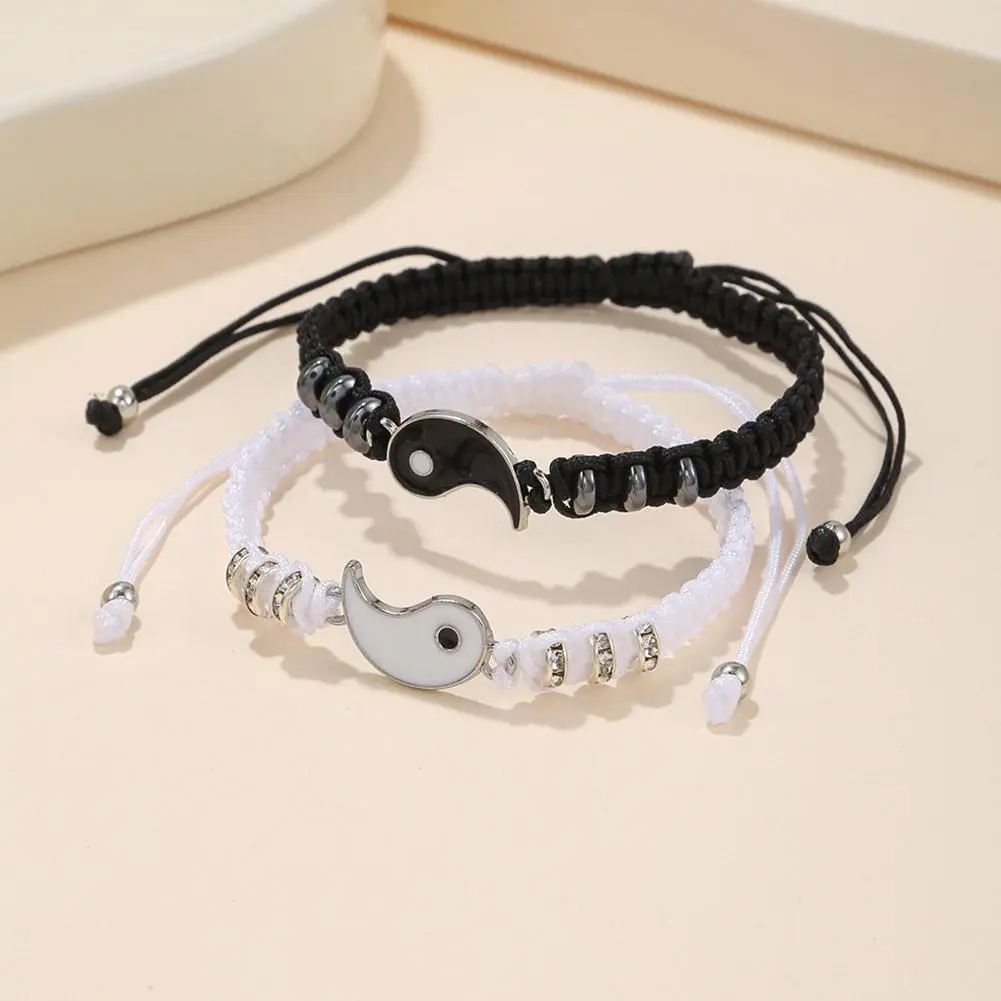 1 set of 2 simple Tai Chi bagua black and white Yin and Yang rope braided telescopic adjustment bracelet for men and women coupl