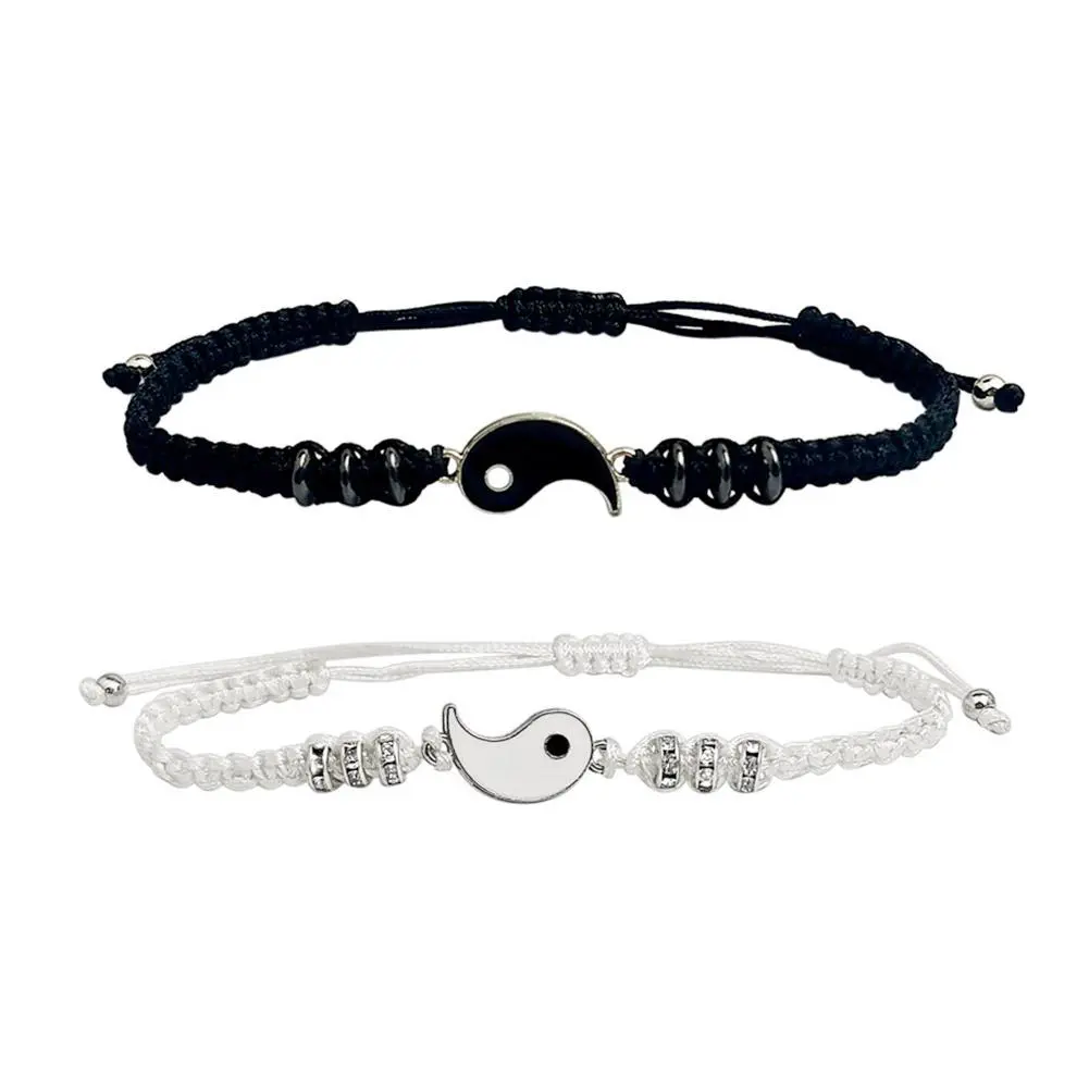 1 set of 2 simple Tai Chi bagua black and white Yin and Yang rope braided telescopic adjustment bracelet for men and women coupl