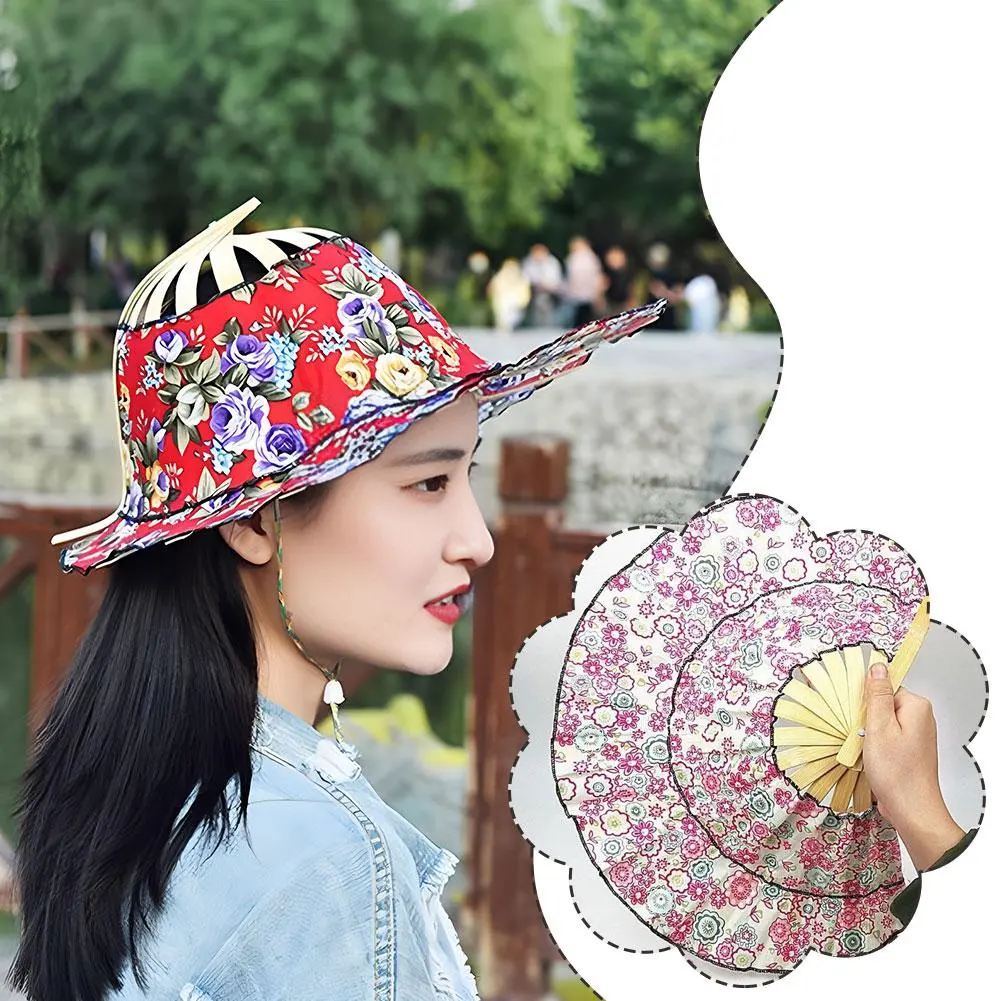 New Summer Outdoor Sports Beach Sun Shading Fashion Bamboo Fan Hat Foldable Bamboo Multifunctional Tourism Fan Hat Decoration