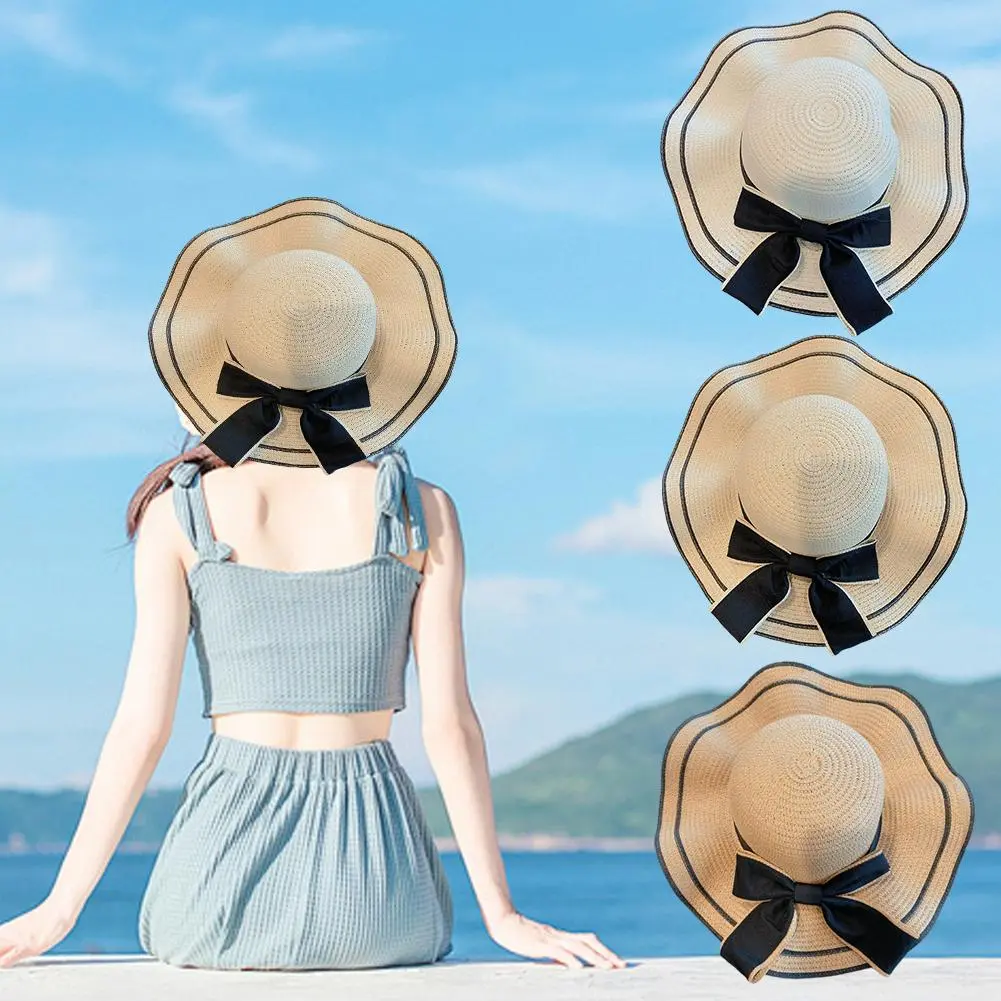 Big Brim Black Edge Bow Solid Bucket Hat Straw Cap Women Girls Beach Hat Seaside Sunscreen Cap Cover Travel Holiday Sun Hat