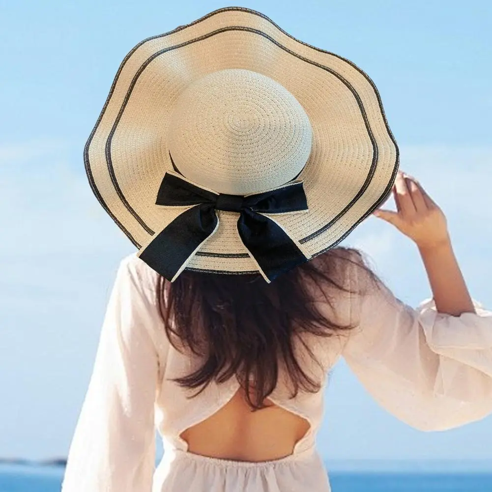 Big Brim Black Edge Bow Solid Bucket Hat Straw Cap Women Girls Beach Hat Seaside Sunscreen Cap Cover Travel Holiday Sun Hat