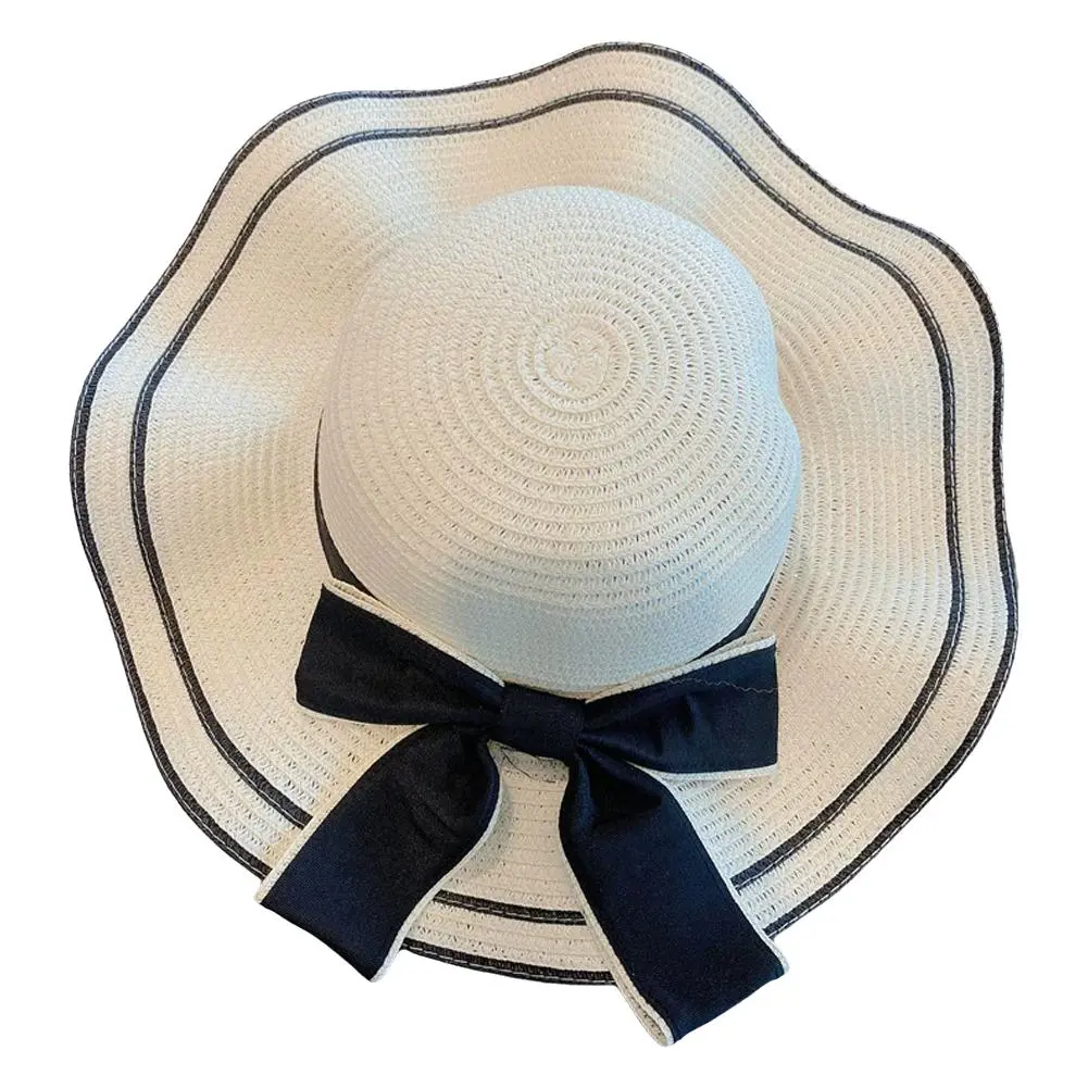 Big Brim Black Edge Bow Solid Bucket Hat Straw Cap Women Girls Beach Hat Seaside Sunscreen Cap Cover Travel Holiday Sun Hat