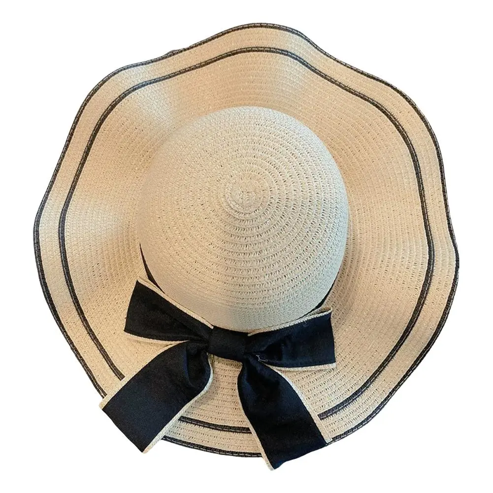 Big Brim Black Edge Bow Solid Bucket Hat Straw Cap Women Girls Beach Hat Seaside Sunscreen Cap Cover Travel Holiday Sun Hat