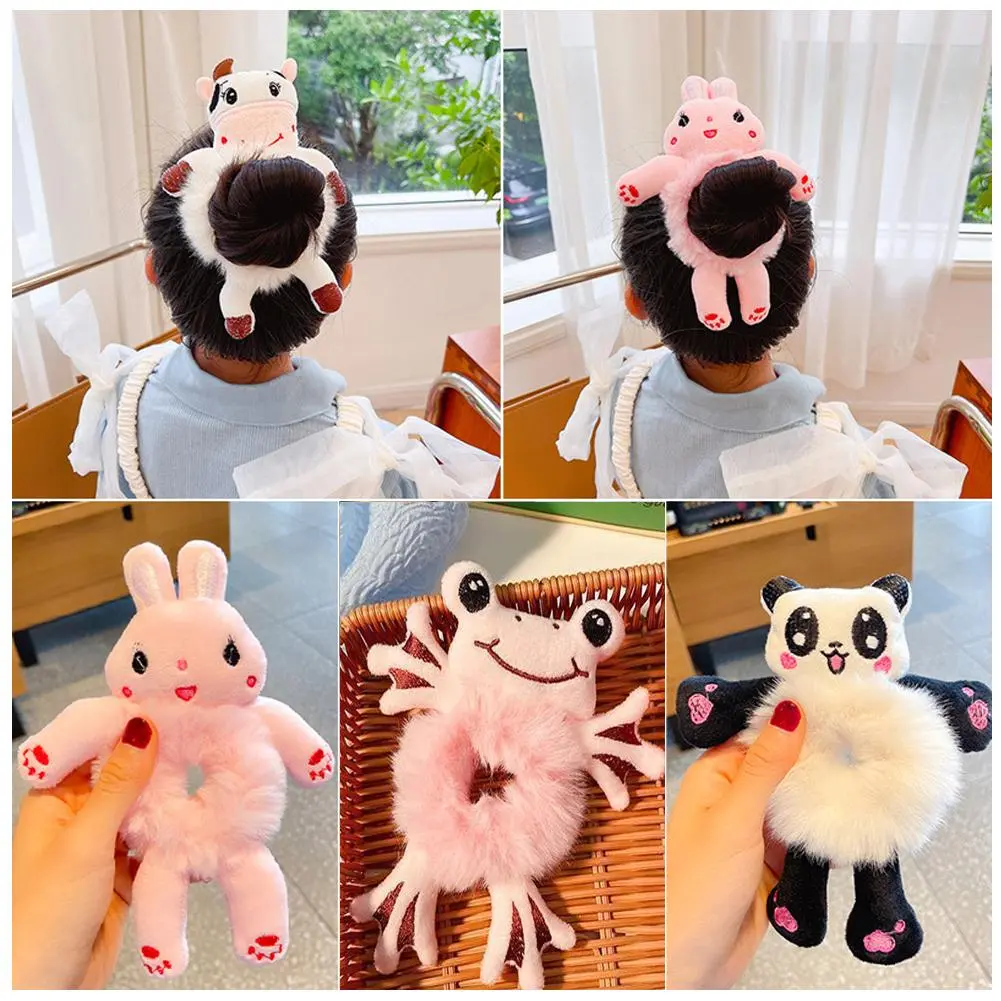 Cartoon Plush Hair Bands Elastic Hair Accessories with Rabbit Toy Yellow Cow Little Duck Animal Panda Designs Scrunchies M0A2