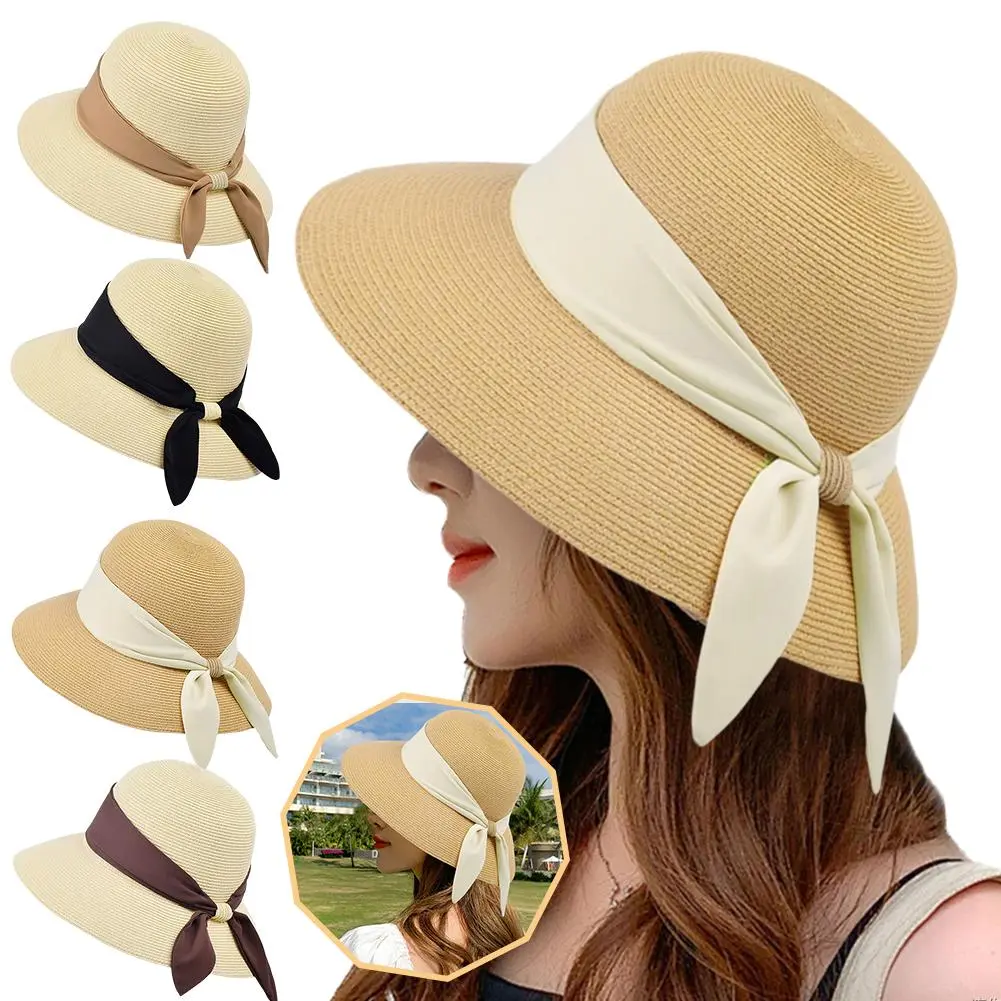 Bowknot Sun Hat Summer Breathable Wide Brim Beach Cap UV Protection Casual Straw Hat for Women