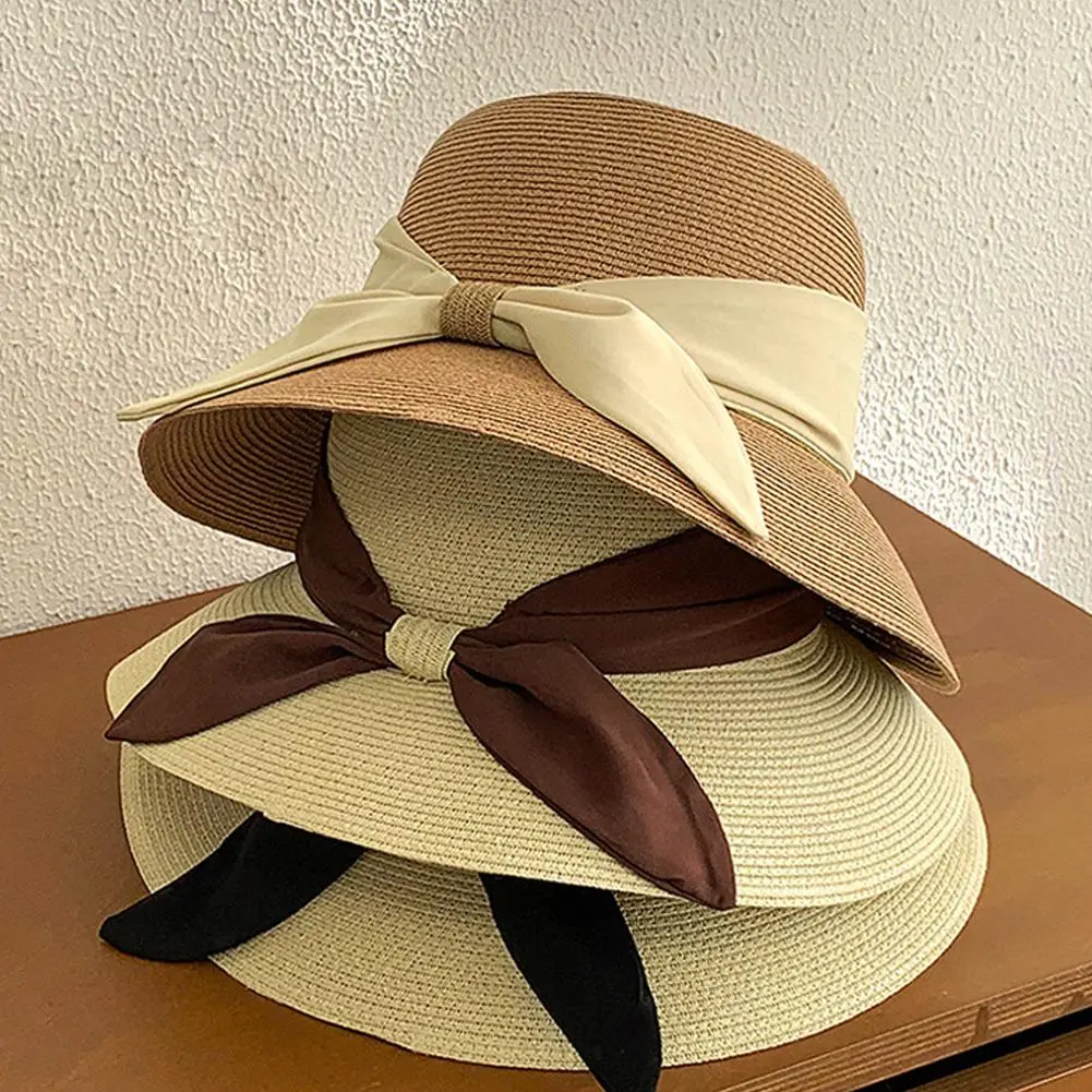 Bowknot Sun Hat Summer Breathable Wide Brim Beach Cap UV Protection Casual Straw Hat for Women