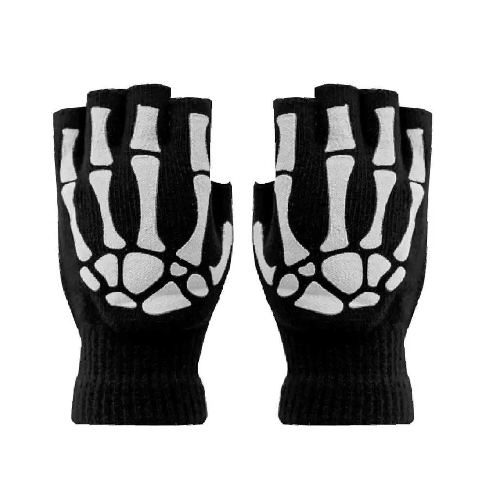 New Adult Cosplay Halloween Skeleton Skull Half Finger Punk Gloves Glow in the Dark Fingerless Stretch Knitted Winter Mittens