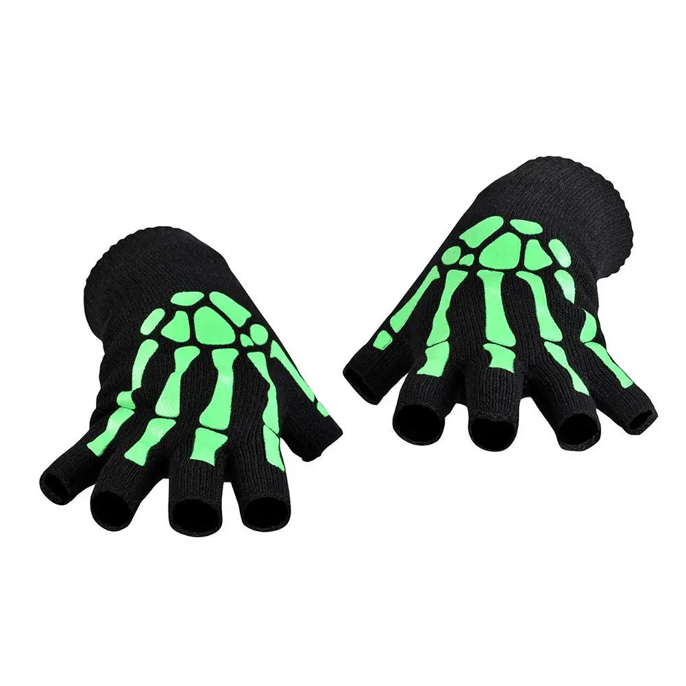 New Adult Cosplay Halloween Skeleton Skull Half Finger Punk Gloves Glow in the Dark Fingerless Stretch Knitted Winter Mittens