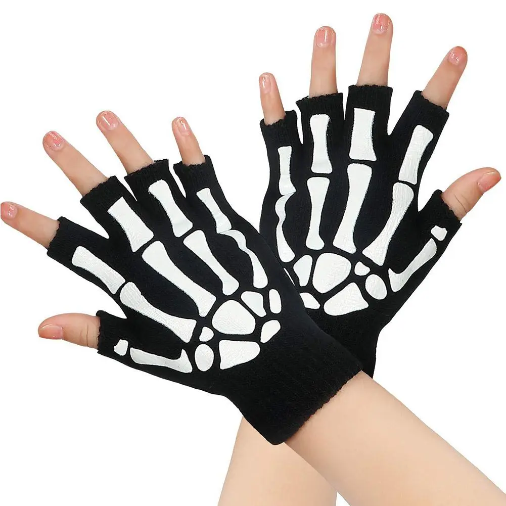 New Adult Cosplay Halloween Skeleton Skull Half Finger Punk Gloves Glow in the Dark Fingerless Stretch Knitted Winter Mittens