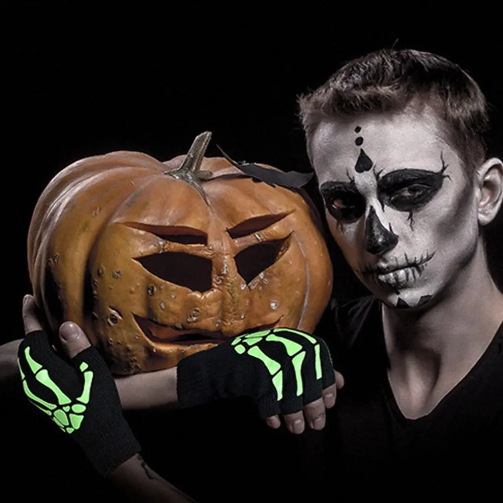 New Adult Cosplay Halloween Skeleton Skull Half Finger Punk Gloves Glow in the Dark Fingerless Stretch Knitted Winter Mittens