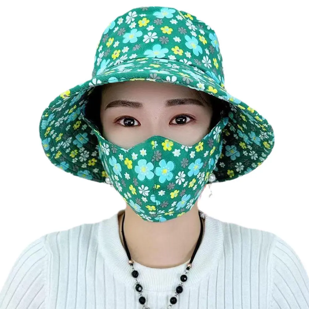 Outdoor Flower Pattern Anti-uv Sunscreen Hat Fashion Dust Mask Hat Protect Neck Women Men Fisherman Hat Tea Picking Cap