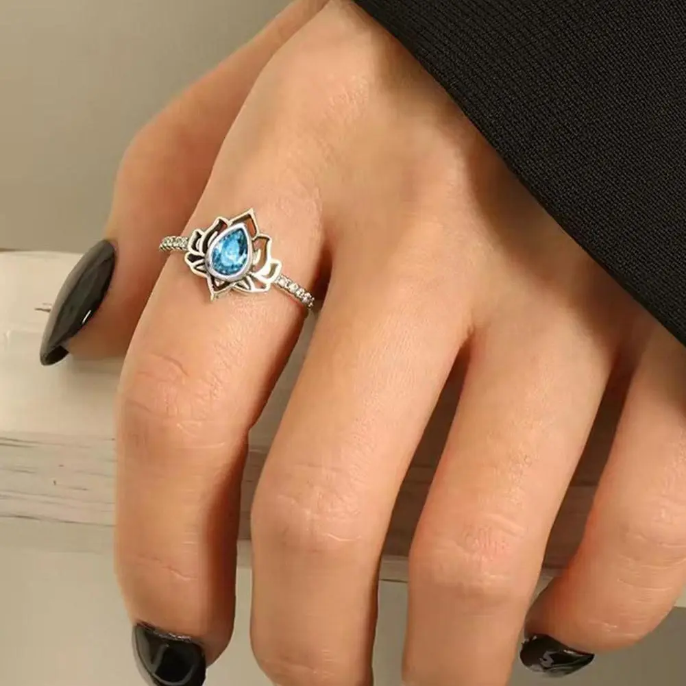 Aesthetic Lotus Flower Rings with Water Drop CZ Exquisite Women Finger-rings Fancy Anniversary Gift New Trendy Jewelry