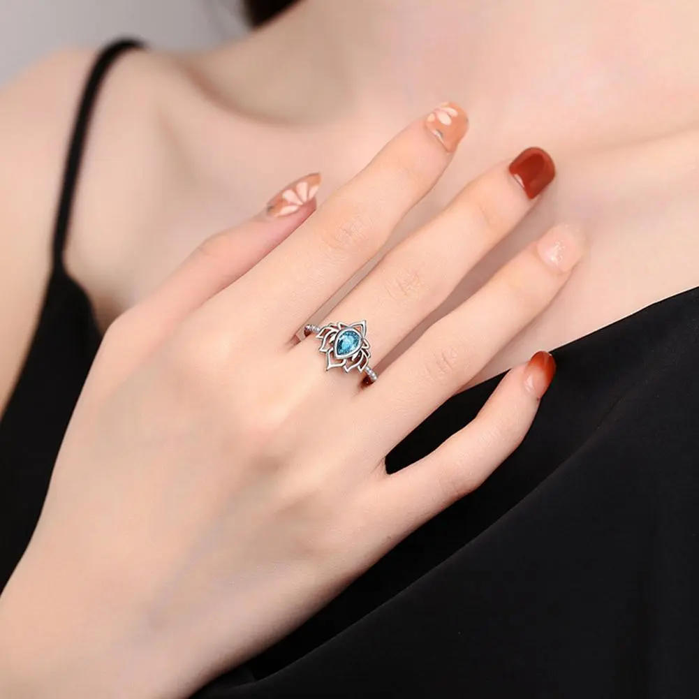 Aesthetic Lotus Flower Rings with Water Drop CZ Exquisite Women Finger-rings Fancy Anniversary Gift New Trendy Jewelry