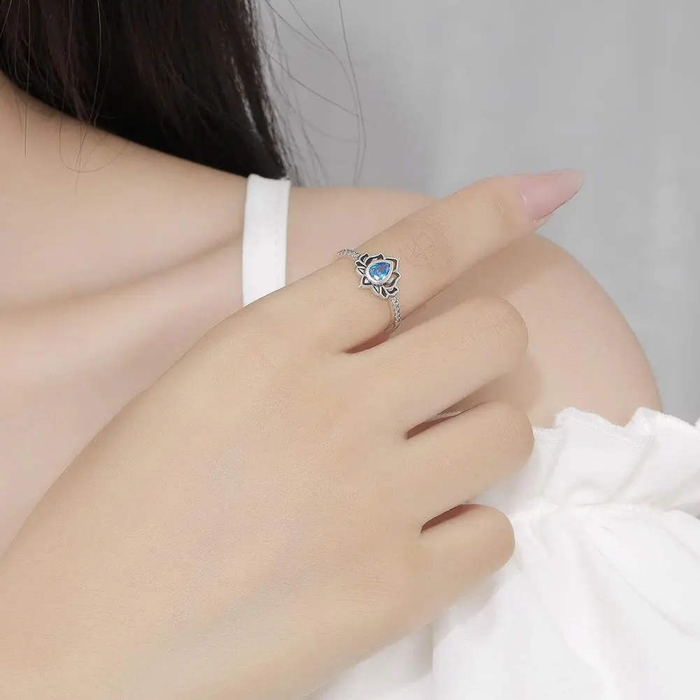 Aesthetic Lotus Flower Rings with Water Drop CZ Exquisite Women Finger-rings Fancy Anniversary Gift New Trendy Jewelry