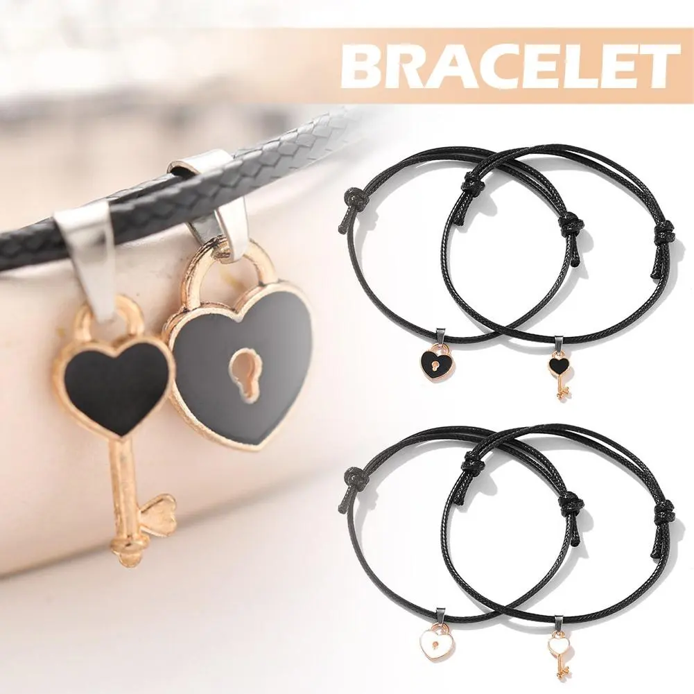 Charm Black Heart Key Lock Couple Bracelets for Women Men Unisex Lovers Adjustbale Braided Rope Matching Bracelet Set Jewelry