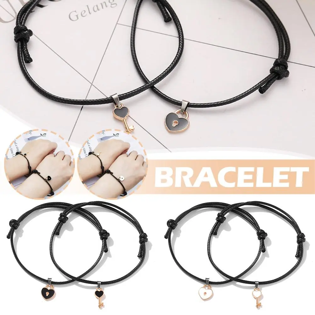 Charm Black Heart Key Lock Couple Bracelets for Women Men Unisex Lovers Adjustbale Braided Rope Matching Bracelet Set Jewelry