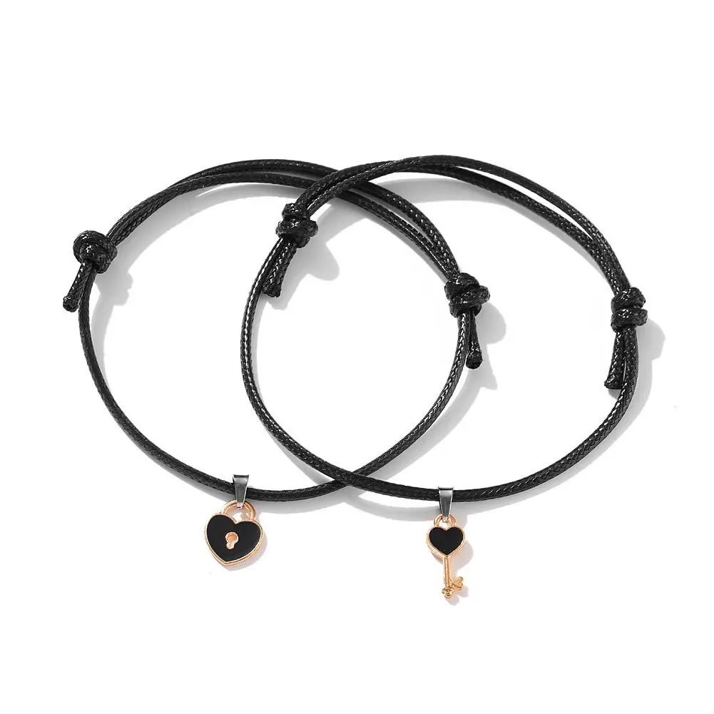 Charm Black Heart Key Lock Couple Bracelets for Women Men Unisex Lovers Adjustbale Braided Rope Matching Bracelet Set Jewelry