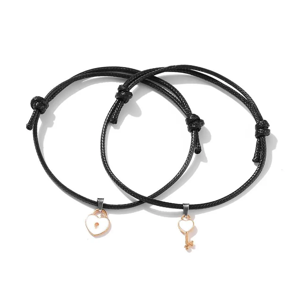 Charm Black Heart Key Lock Couple Bracelets for Women Men Unisex Lovers Adjustbale Braided Rope Matching Bracelet Set Jewelry