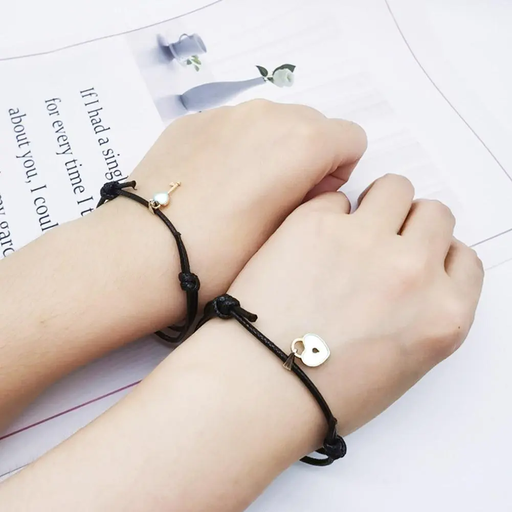 Charm Black Heart Key Lock Couple Bracelets for Women Men Unisex Lovers Adjustbale Braided Rope Matching Bracelet Set Jewelry