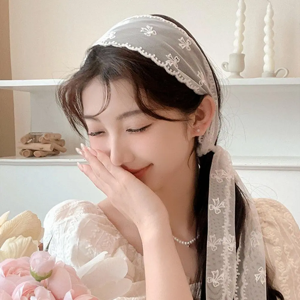 Pastoral Style Lace Hair Scarf Adjustable Soft Wrap Sweet Bow Headband Elegant Turban Accessories Ribbon Hair Strap Female
