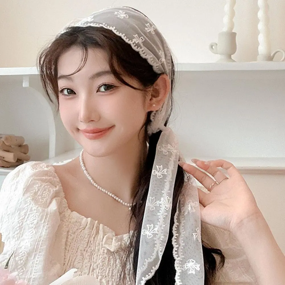 Pastoral Style Lace Hair Scarf Adjustable Soft Wrap Sweet Bow Headband Elegant Turban Accessories Ribbon Hair Strap Female