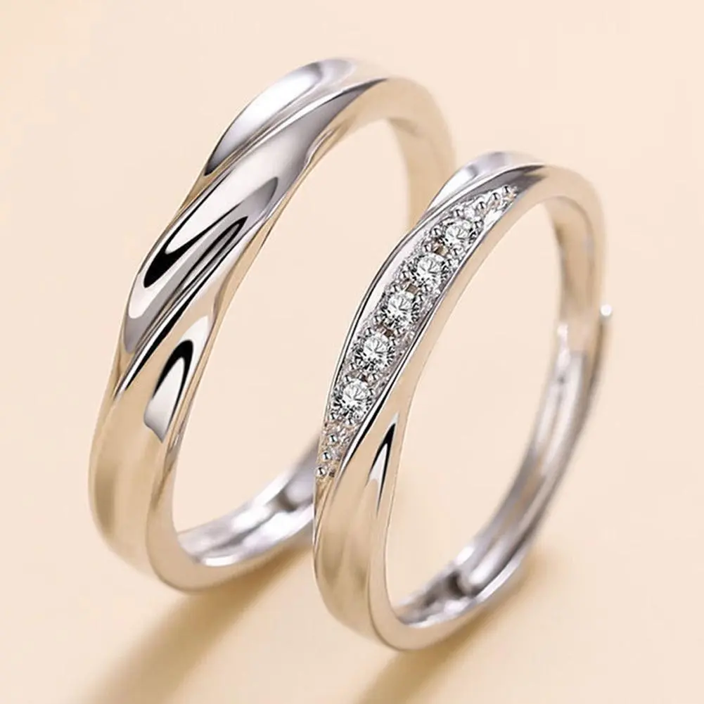 Simple Fashion Couple Rings Set Silver Color Opening Adjustable Finger Light Luxury Jewelry For Women Men Anniversary Gift