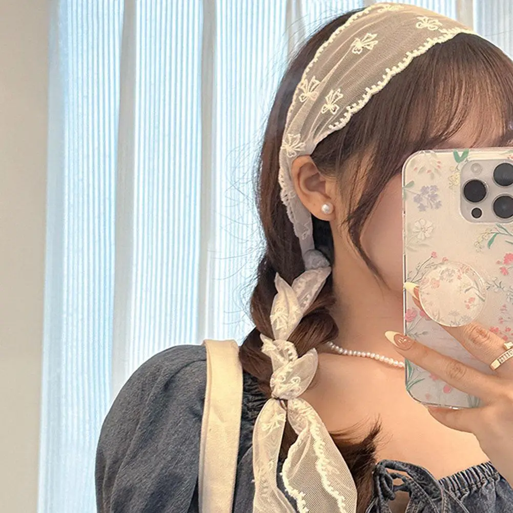 Pastoral Style Lace Hair Scarf Adjustable Soft Wrap Sweet Bow Headband Elegant Turban Accessories Ribbon Hair Strap Female