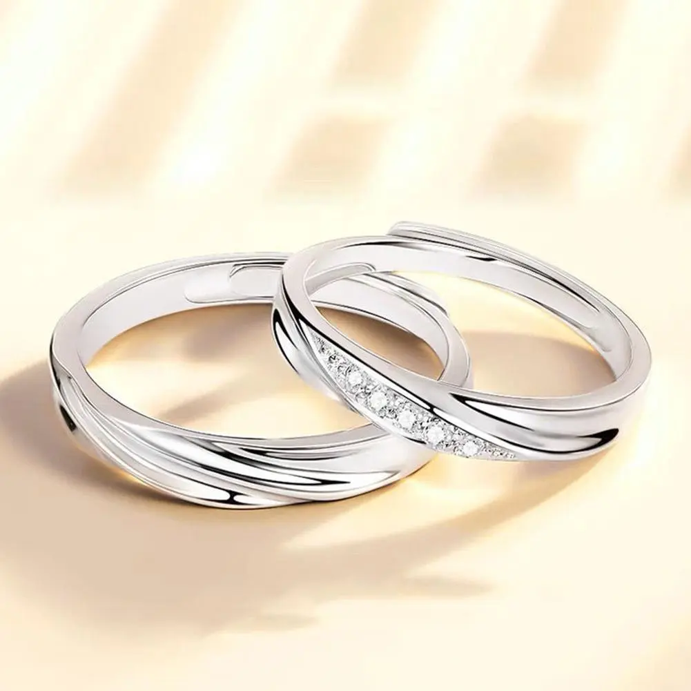 Simple Fashion Couple Rings Set Silver Color Opening Adjustable Finger Light Luxury Jewelry For Women Men Anniversary Gift