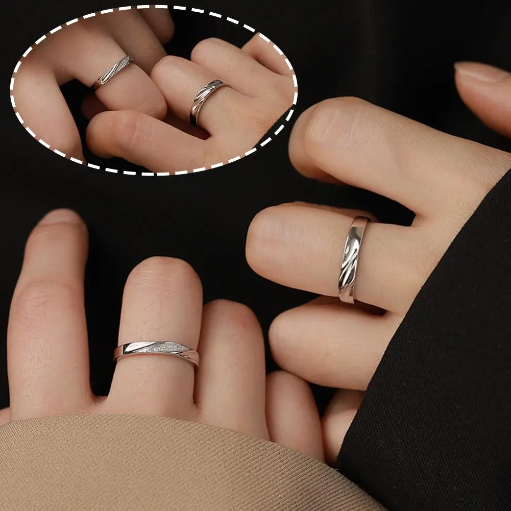 Simple Fashion Couple Rings Set Silver Color Opening Adjustable Finger Light Luxury Jewelry For Women Men Anniversary Gift