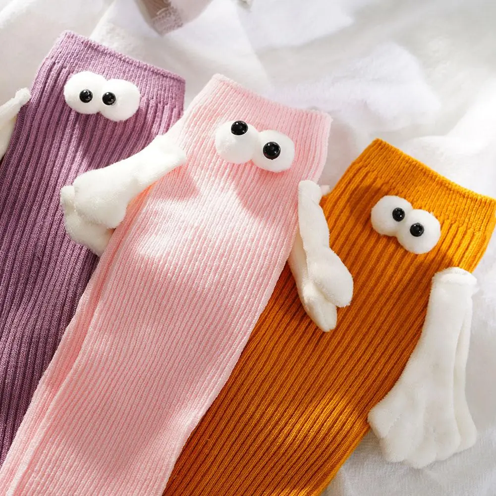 Magnetic Suction Hand Holding Socks 3D Doll Couple Funny Socks With Eyes Mid Tube Socks For Kids Children Festival Gifts Cute