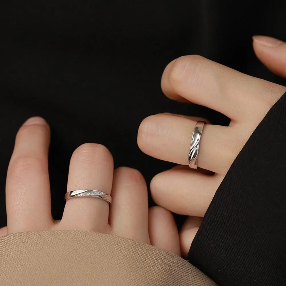 Simple Fashion Couple Rings Set Silver Color Opening Adjustable Finger Light Luxury Jewelry For Women Men Anniversary Gift